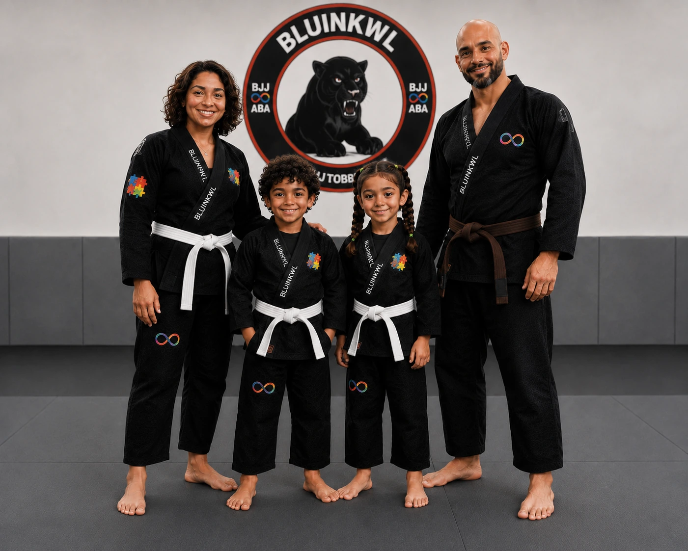 BLUINKWL family team wearing Brazilian Jiu-Jitsu gis